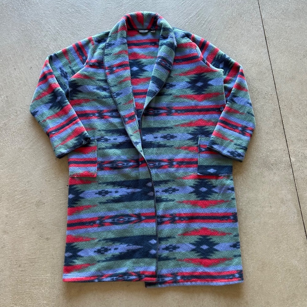 Vintage Lands End Southwest Fleece Robe Mens XL Aztec Tribal House Coat USA Made